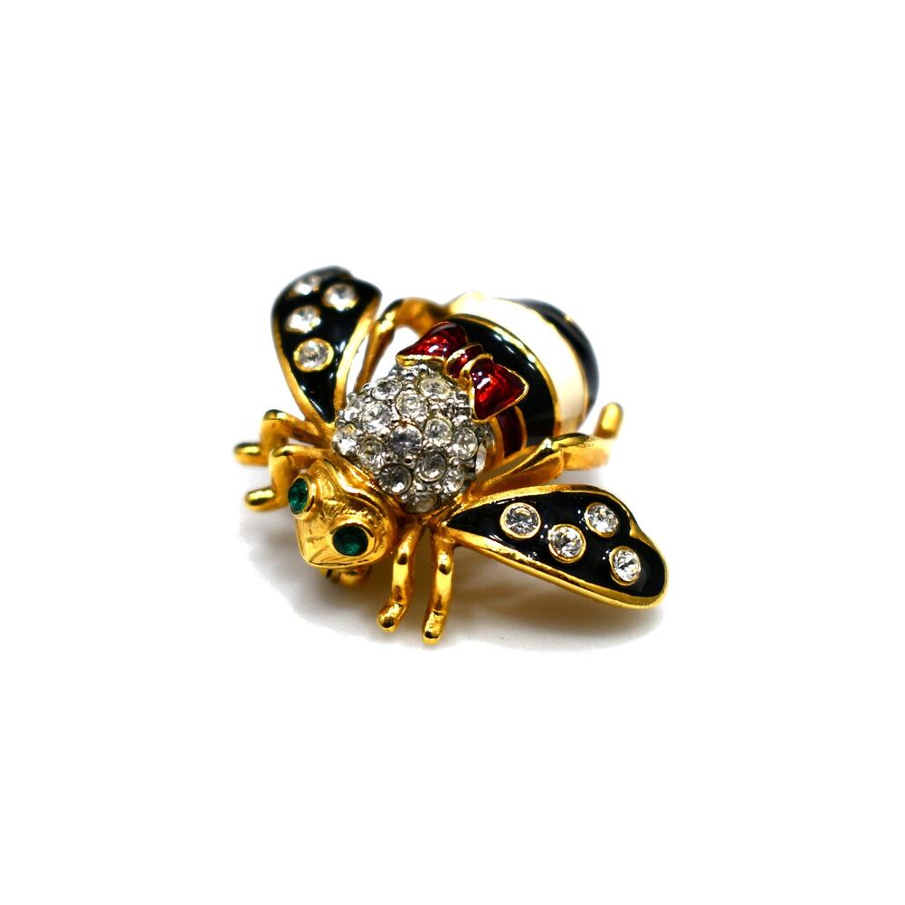 Vintage Joan Rivers Bee Brooch Rhinestone Enamel Gold Tone 1990s - Picture 3 of 10